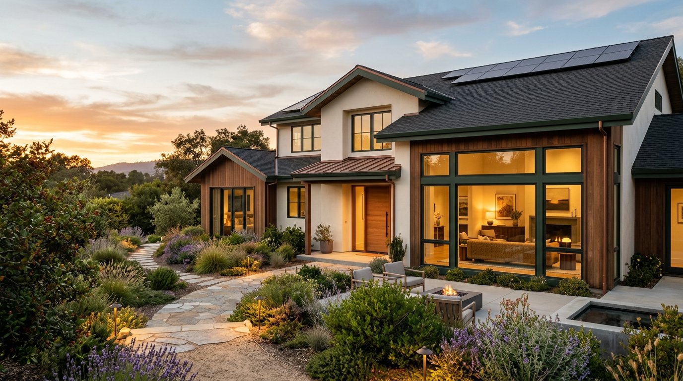 Renovated contemporary home with new windows, solar panels, and a landscaped garden